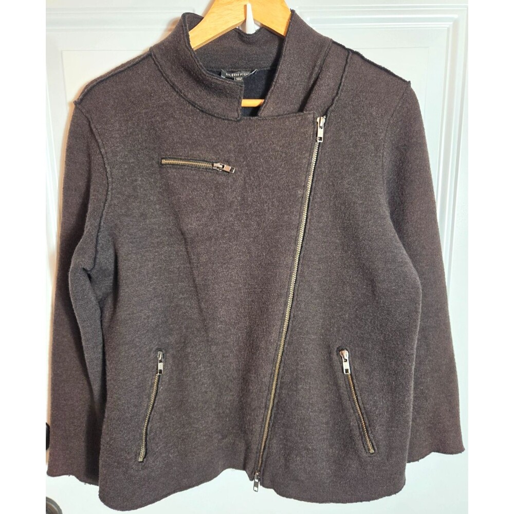 Eileen Fisher Merino Wool Moto Jacket Size L Brown